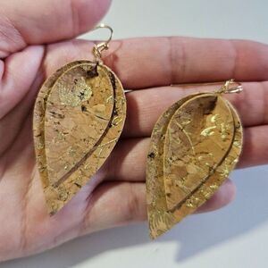 Tan and gold tone cork earrings
